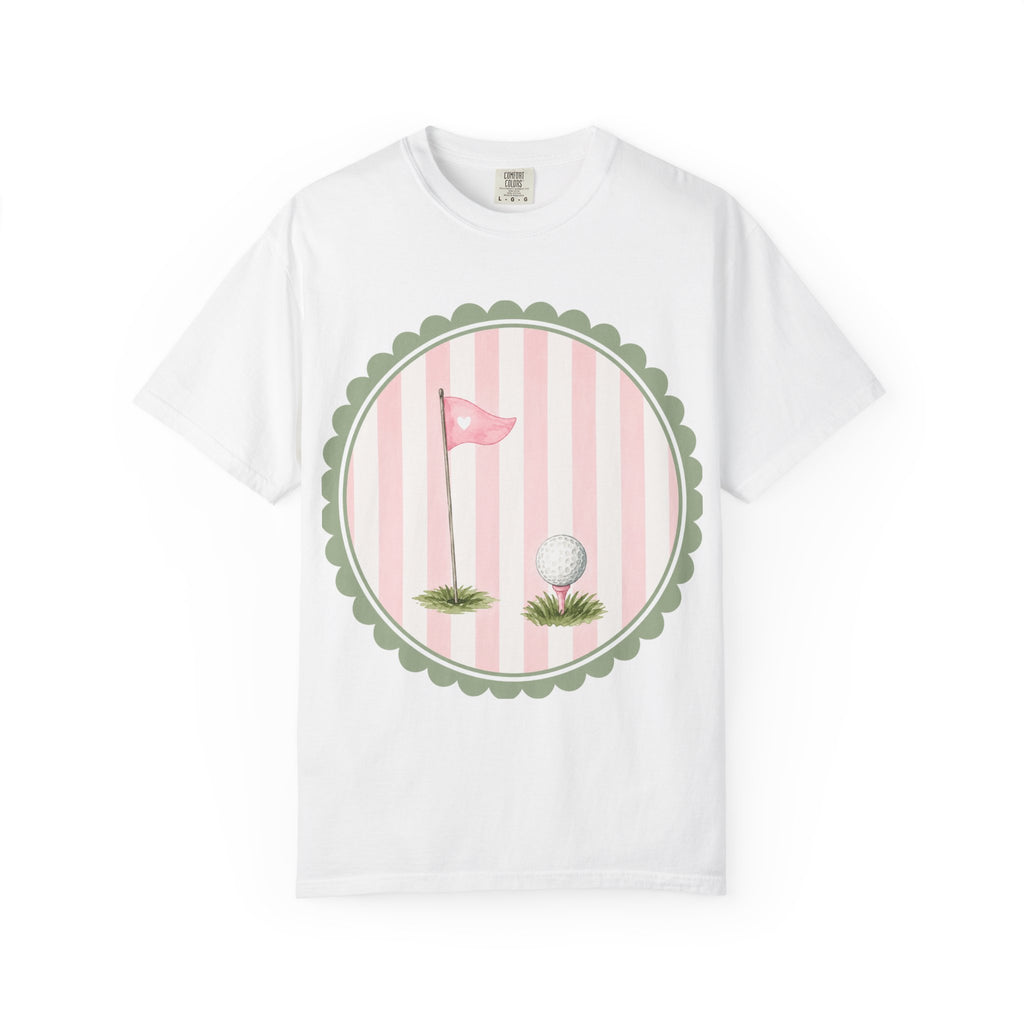 Golf Flag & Ball Tee — Vintage Pink Striped Golf T-Shirt