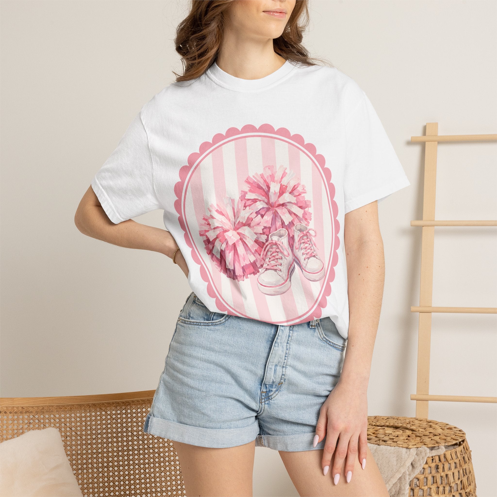 Cheerleader Pom-Poms & Sneakers Graphic T-Shirt — Pink Cheer Spirit Tee
