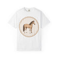 Horse Portrait T‑Shirt — Vintage Beige Striped Stallion Graphic Tee