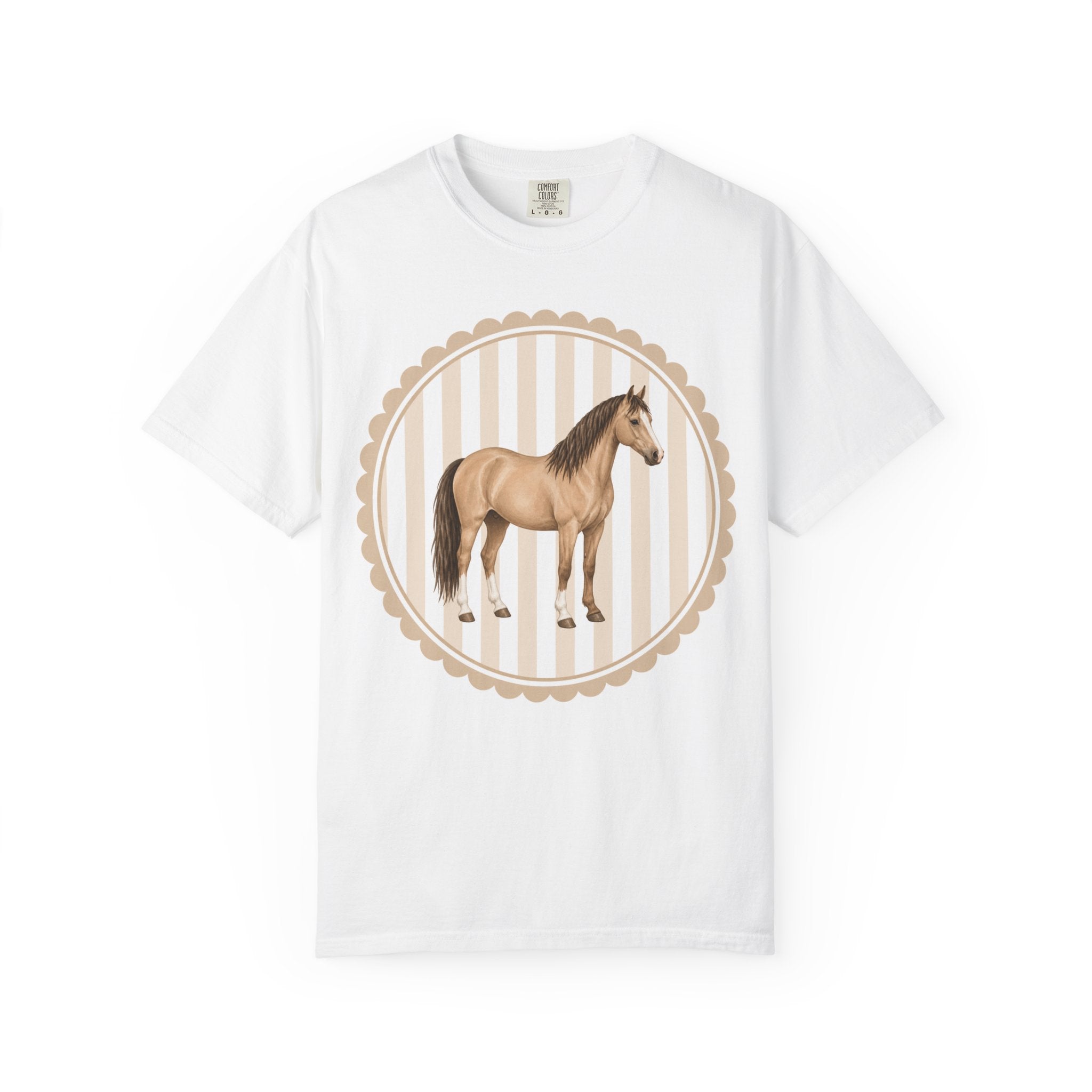 Horse Portrait T‑Shirt — Vintage Beige Striped Stallion Graphic Tee