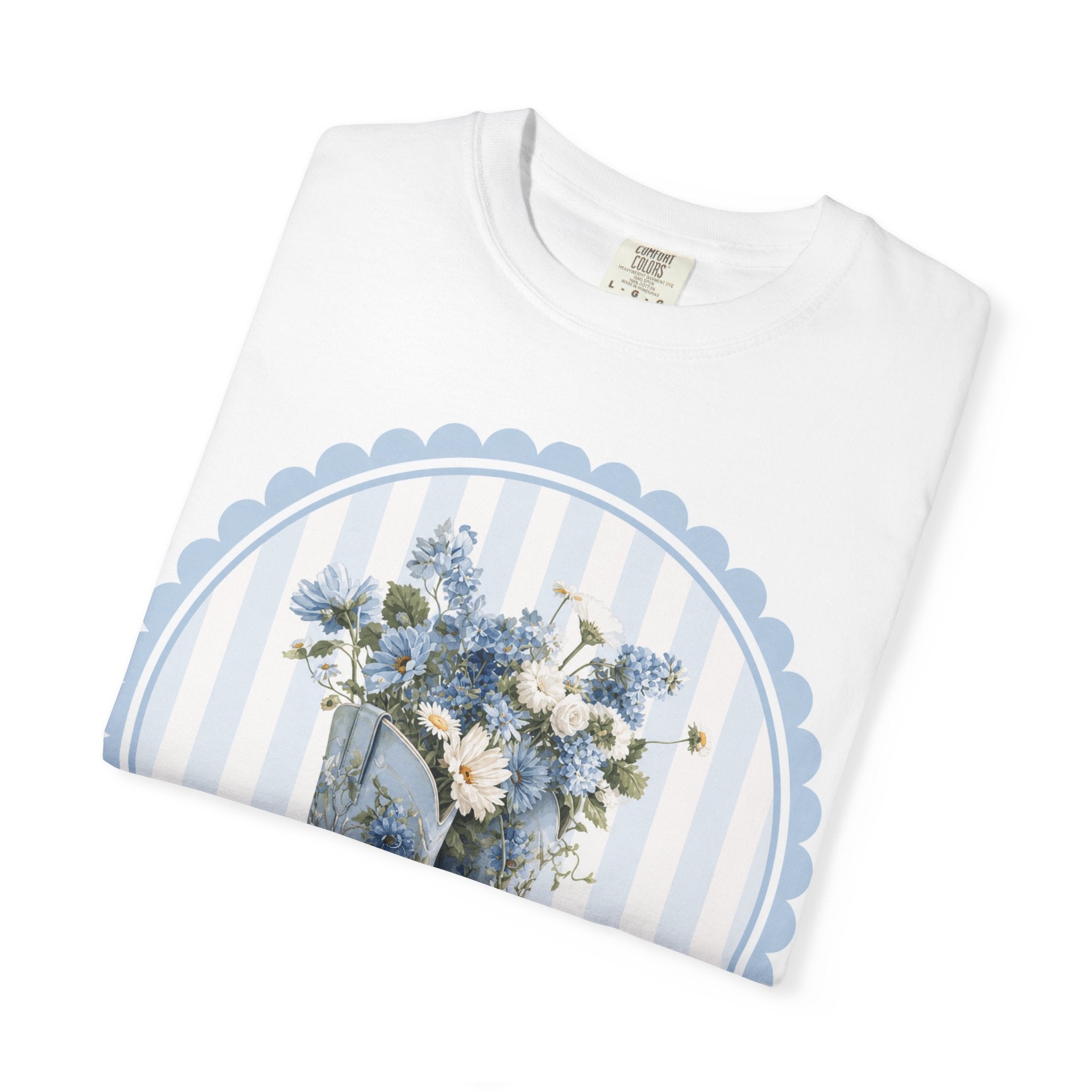 Blue Floral Cowboy Boots T-Shirt — Country Chic Garden Graphic Tee