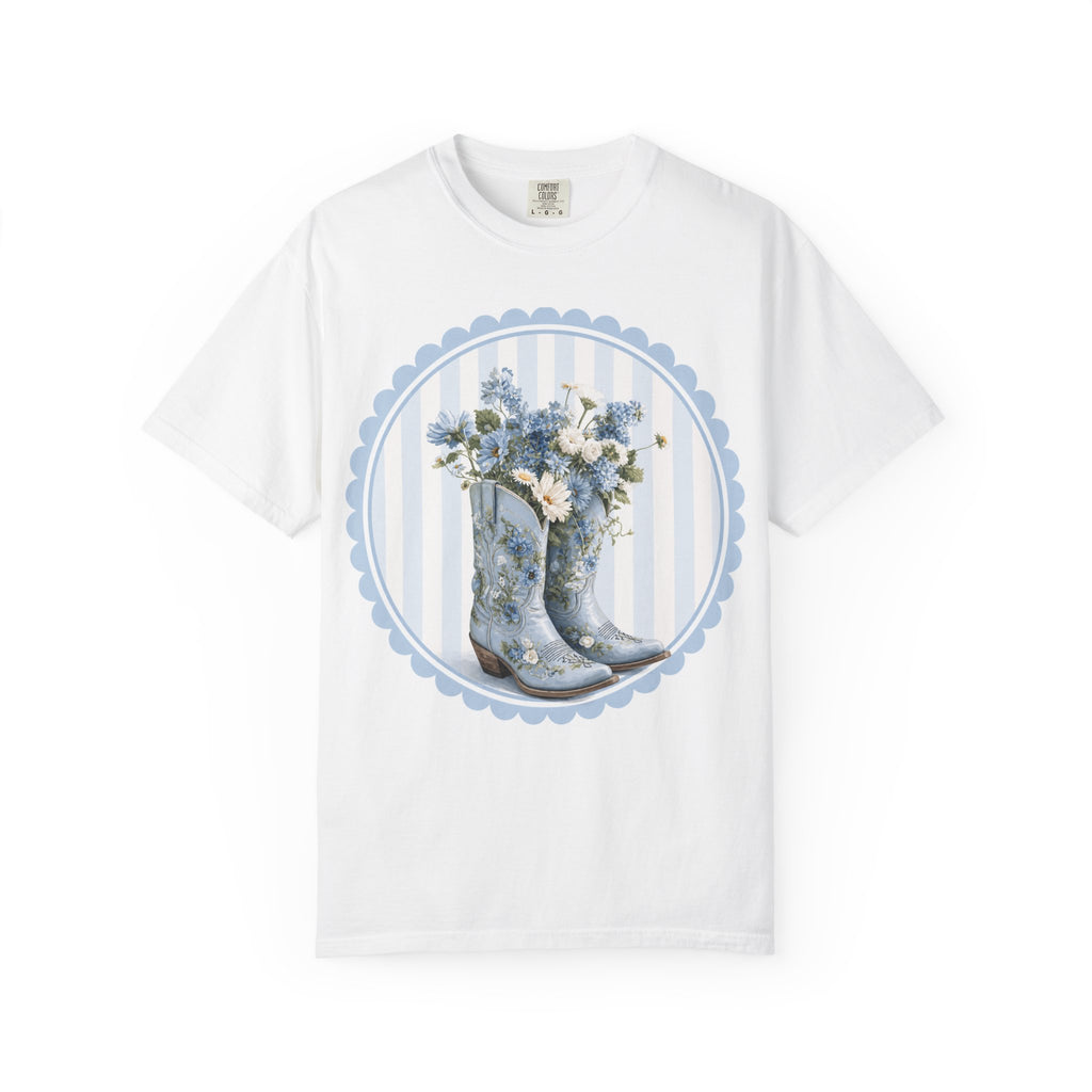 Blue Floral Cowboy Boots T-Shirt — Country Chic Garden Graphic Tee