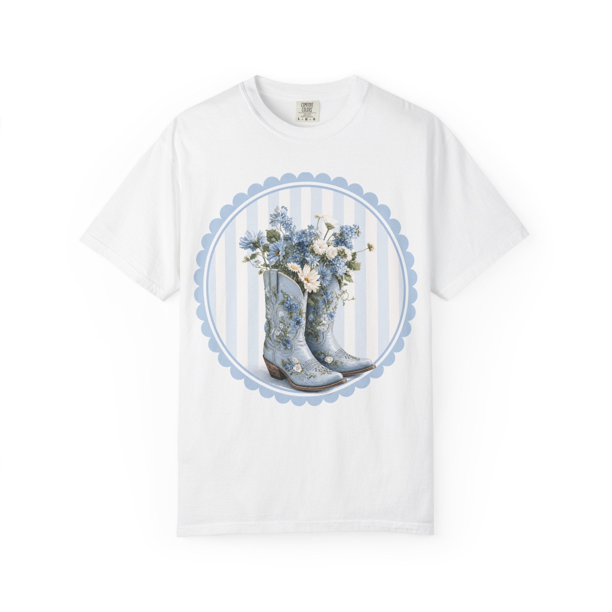Blue Floral Cowboy Boots T-Shirt — Country Chic Garden Graphic Tee
