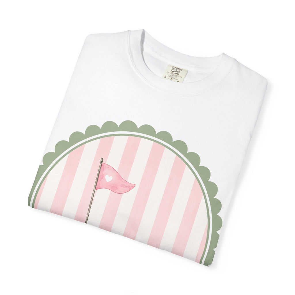 Golf Flag & Ball Tee — Vintage Pink Striped Golf T-Shirt