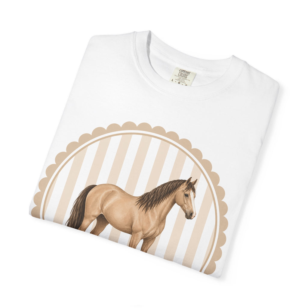 Horse Portrait T‑Shirt — Vintage Beige Striped Stallion Graphic Tee