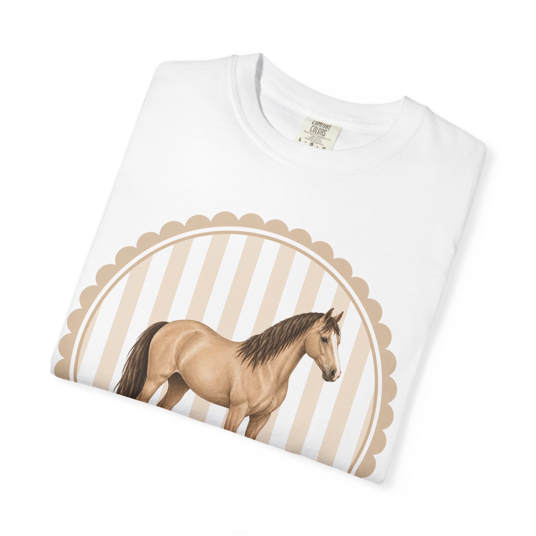Horse Portrait T‑Shirt — Vintage Beige Striped Stallion Graphic Tee
