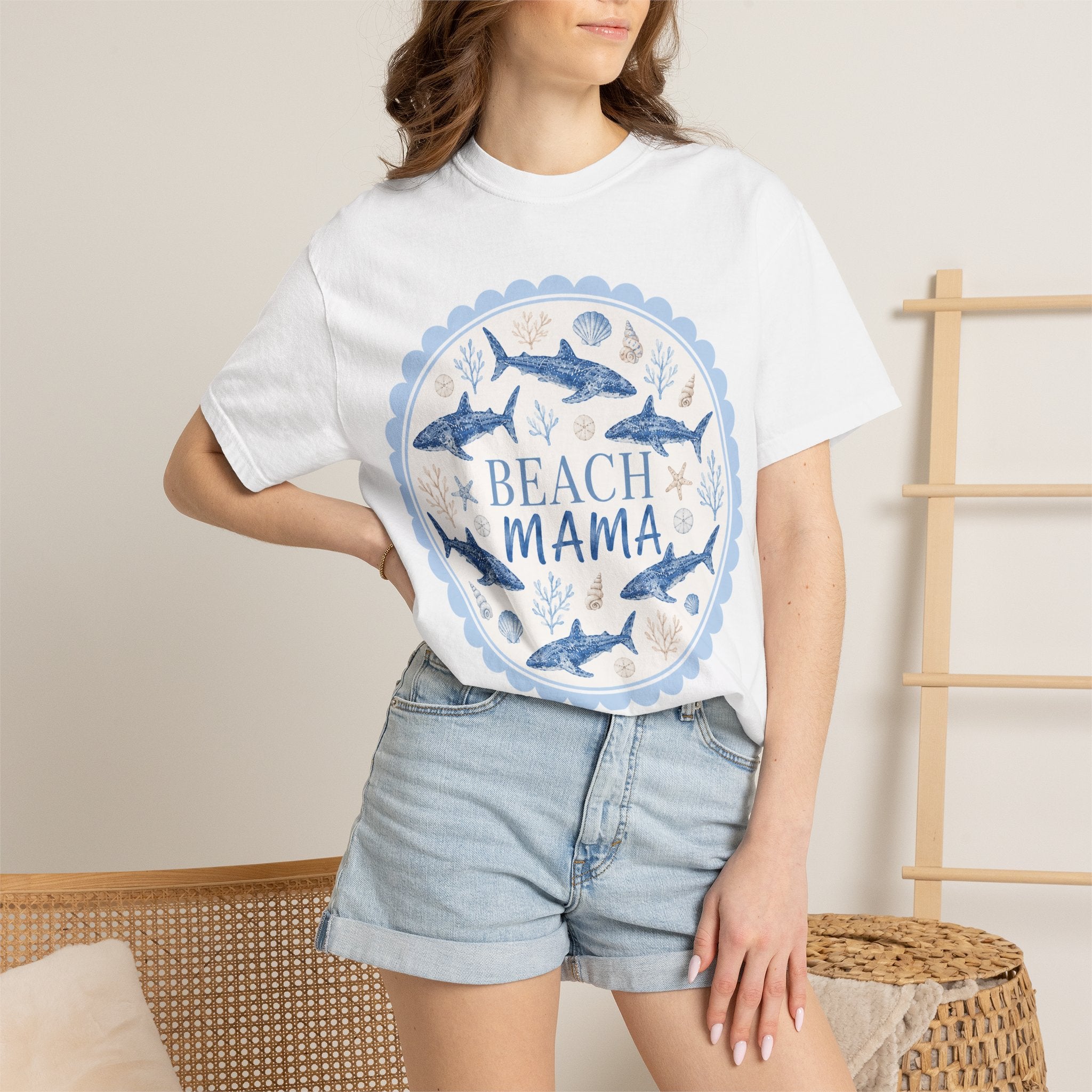 Beach Mama T-Shirt — Coastal Mom Graphic Tee (Sea Shells & Sharks)