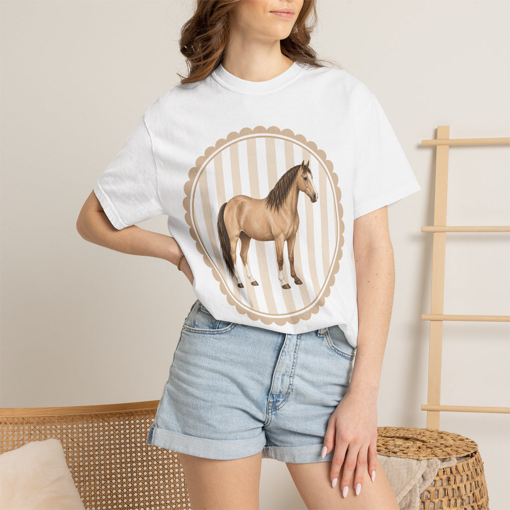 Horse Portrait T‑Shirt — Vintage Beige Striped Stallion Graphic Tee