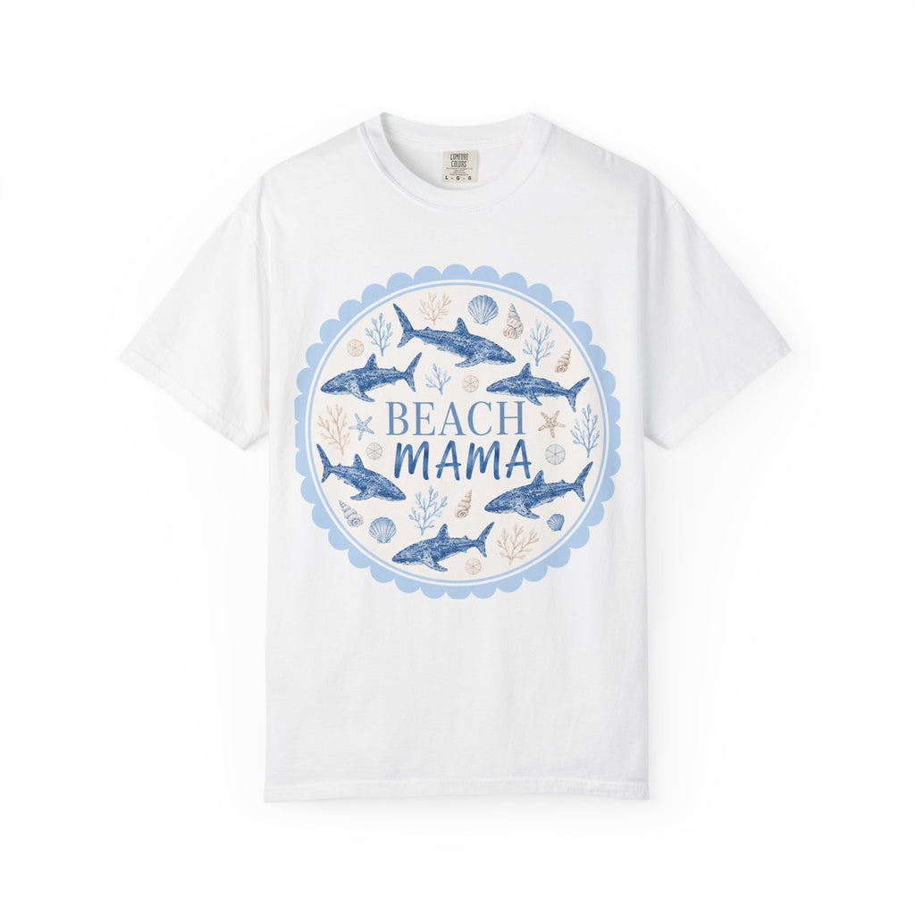 Beach Mama T-Shirt — Coastal Mom Graphic Tee (Sea Shells & Sharks)