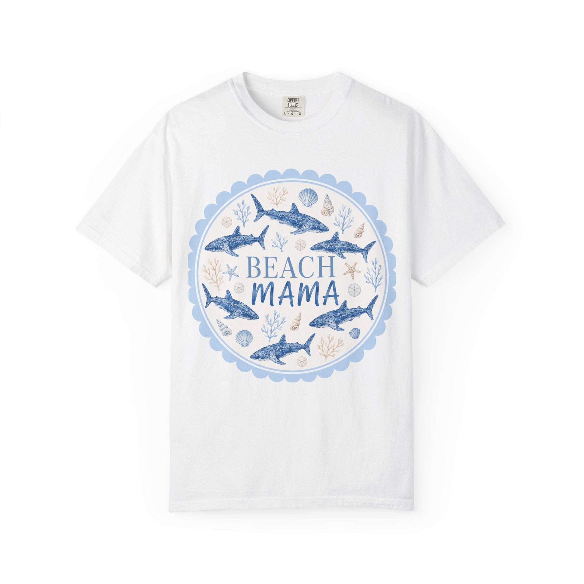 Beach Mama T-Shirt — Coastal Mom Graphic Tee (Sea Shells & Sharks)