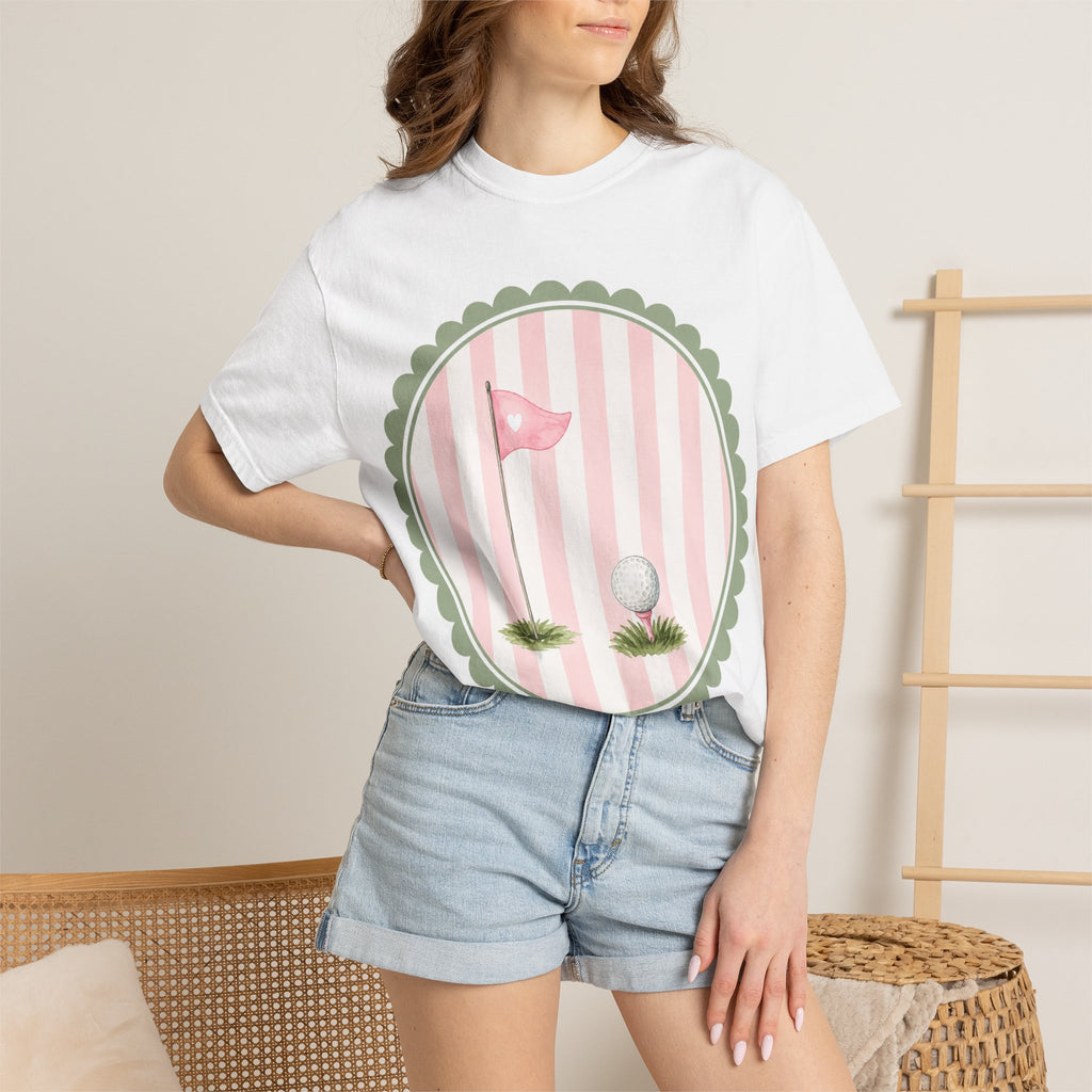 Golf Flag & Ball Tee — Vintage Pink Striped Golf T-Shirt
