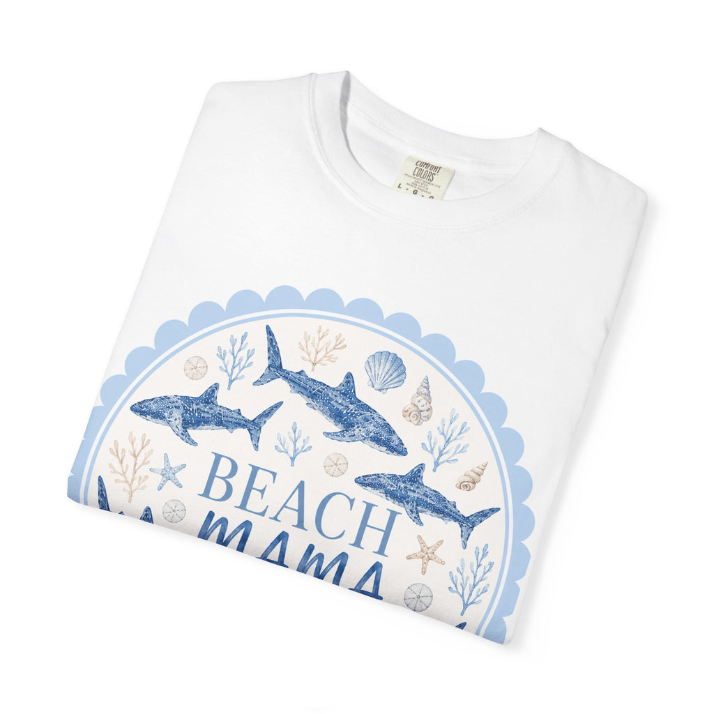 Beach Mama T-Shirt — Coastal Mom Graphic Tee (Sea Shells & Sharks)