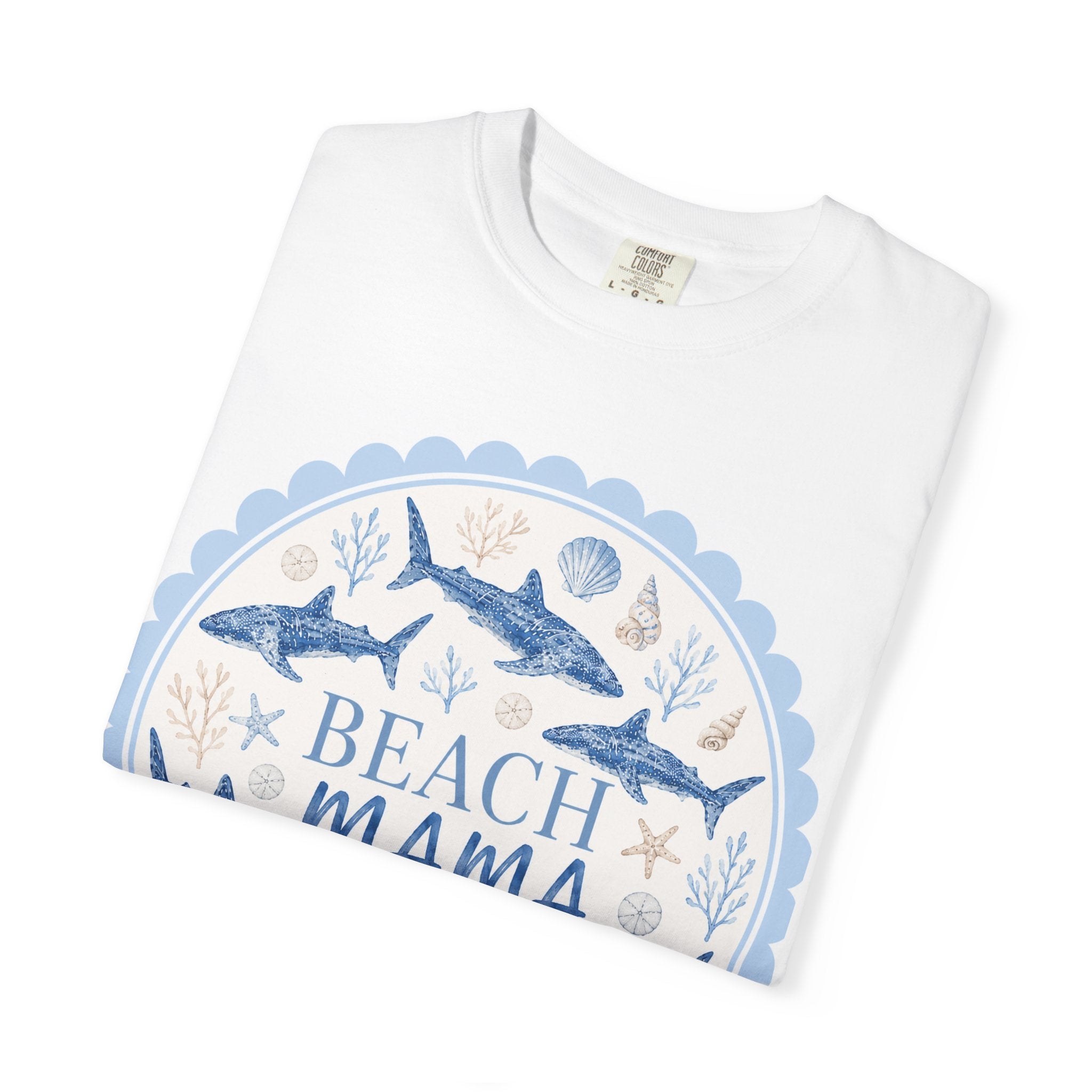 Beach Mama T-Shirt — Coastal Mom Graphic Tee (Sea Shells & Sharks)